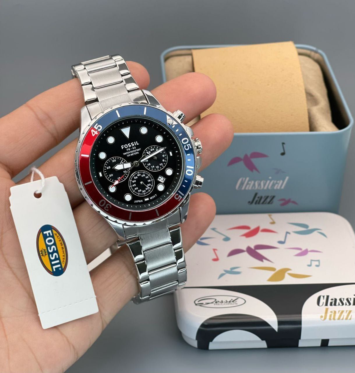 Fossil Fb 03 Silver Red Metal Watch