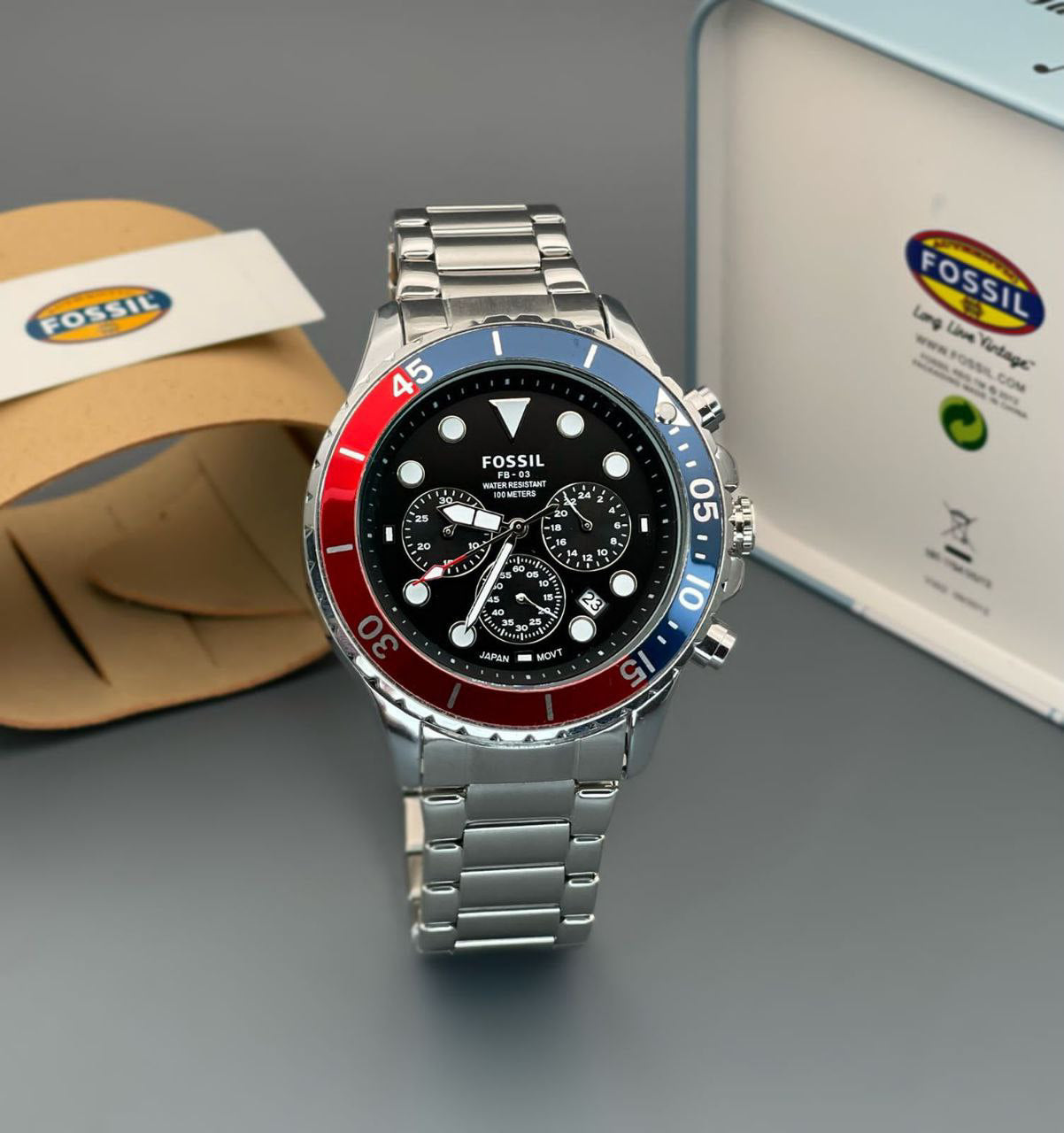 Fossil Fb 03 Silver Red Metal Watch