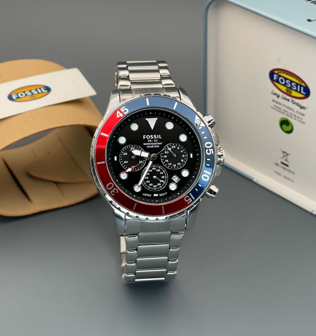 Fossil Fb 03 Silver Red Metal Watch