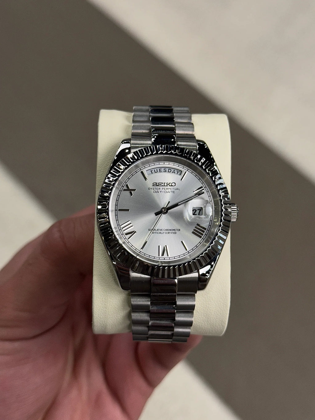 Seiko Oyster Perpetual Day Date Platinum Roman numeral dial