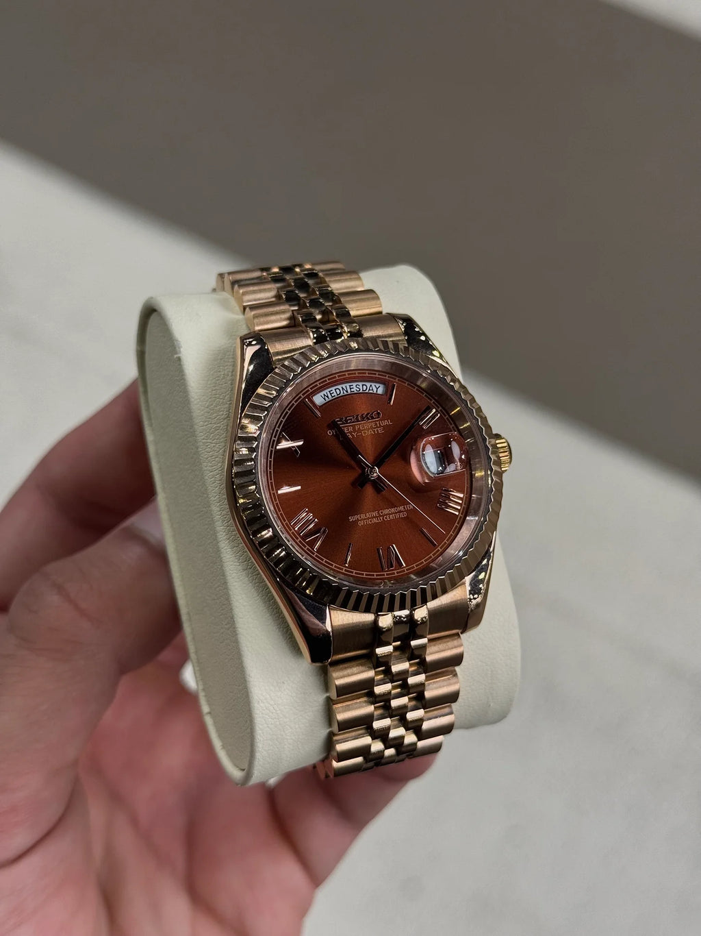 Seiko Oyster Perpetual Day Date Rose gold Roman Dial